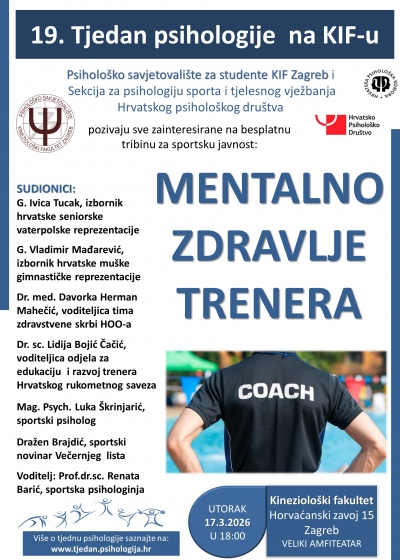 19. Tjedan psihologije na Kineziološkom fakultetu - tribina - Mentalno zdravlje trenera