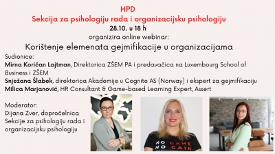 Sekcija za psihologiju rada i organizacijsku psihologiju - Kori&scaron;tenje elemenata gejmifikacije u organizacijama - najava predavanja
